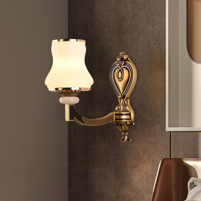 Curved Frosted Glass Wall Lamp Traditionalist 1/2-Light Living Room Wall Mounted Light in Brass