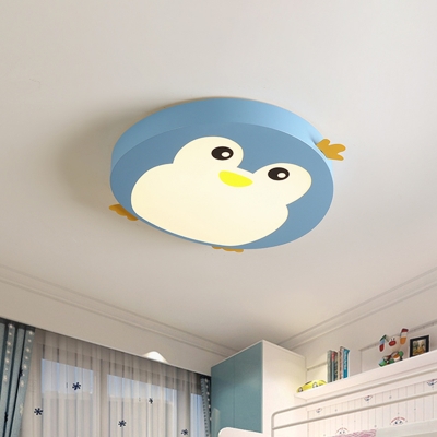 Penguin Kids Room Ceiling Flush Acrylic LED Cartoon Flush Mount Recessed Lighting in Pink/Blue