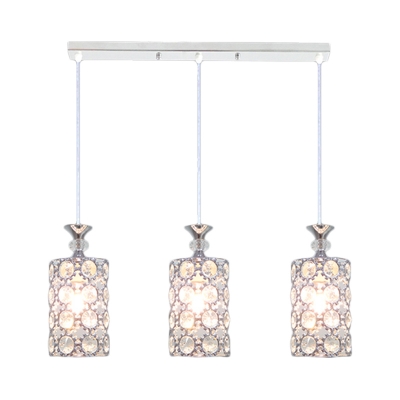 Cylinder Cluster Pendant Contemporary Inserted Crystal 3-Light Silver Finish Hanging Lamp