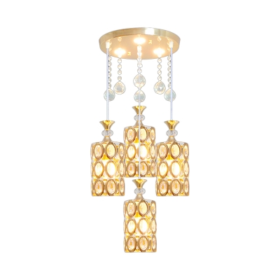 Cylindrical K9 Crystal Multi-Light Pendant Modernism 4 Heads Gold Suspension Lighting Fixture