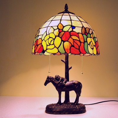 Dark Brown Dome Night Lamp Victorian 2 Heads Shell Rose Patterned Nightstand Light with Resin Horse Base