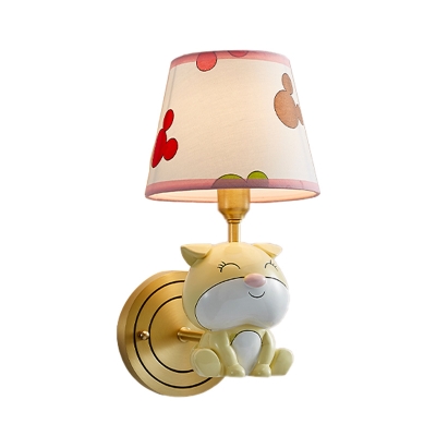 Doggy Wall Light Kit Cartoon Resin Single Gold Wall Mounted Lamp with Tapered Print Fabric Shade