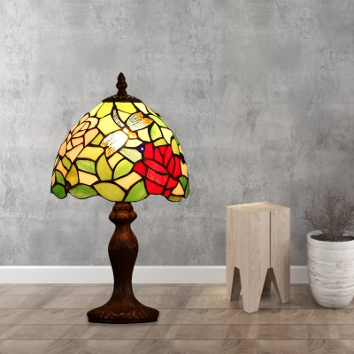 Dome Cut Glass Table Lighting Tiffany Style 1 Light Dark Wood Dragonfly and Bloom Patterned Night Lamp