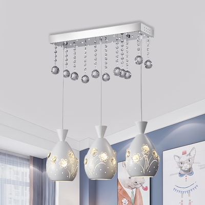 Dome Multi Pendant Modern Metal 3 Heads Dining Room Floral Patterned Ceiling Hang Fixture in White with Crystal Orb