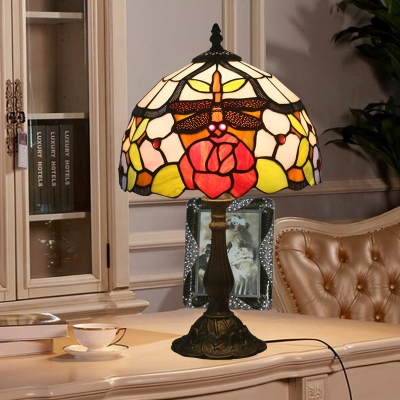 Domed Night Light 1 Bulb Cut Glass Mediterranean Table Lighting in Bronze with Dragonfly and Rose Pattern