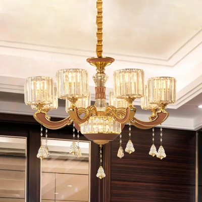 Drum Dining Room Hanging Lamp Modernist Crystal 8-Head Gold Finish Chandelier Light Fixture