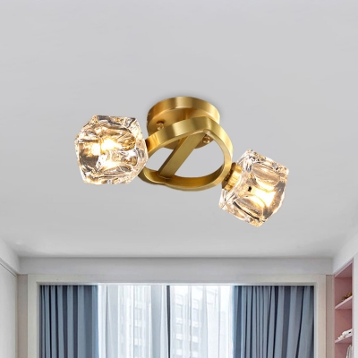 Entwined Cubic Aisle Ceiling Light Modern Crystal 2-Head Brass Flush Mount Lighting Fixture