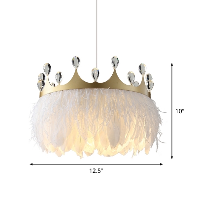 Feather Fringe Down Lighting Pendant Countryside 1 Bulb Bedroom Hanging Lamp with Gold Crown Top and Crystal Accent