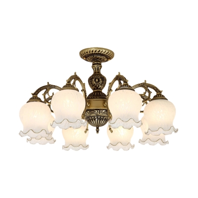 Flower Bedroom Semi Flush Mount Traditional Cream Glass 3/5/6 Bulbs Bronze Flush Light Fixture
