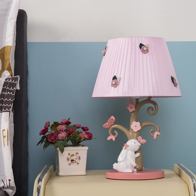 Gathered Fabric Pink Night Light Rabbit Under The Tree 1-Light Countryside Table Lamp with Tapered Lamp Shade