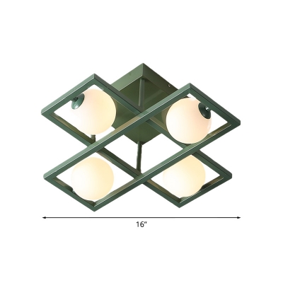 Geometric Metal Semi Mount Lighting Modern 3/4/6 Heads Green Flushmount with Sphere Milk Glass Shade