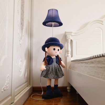 Girl Fabric Stand Up Lamp Cartoon 1-Light Red/Blue/Green Standing Floor Light with Flared Shade for Bedroom