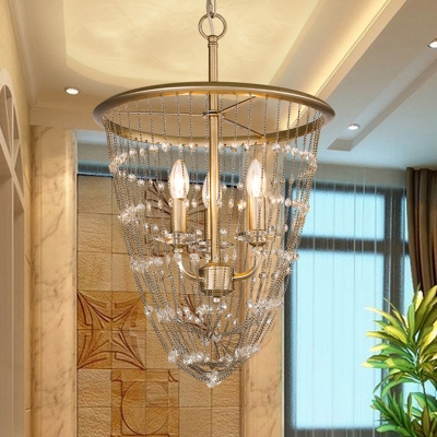 Gold 3 Bulbs Hanging Light Rustic Crystal Bead-Embellished Chain Chandelier for Dining Room