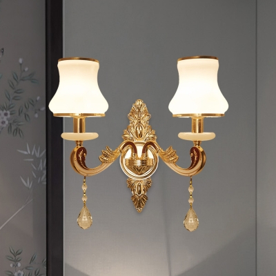 Gold Curved Jar Wall Lighting Idea Traditional Opal Glass 2-Head Bedside Wall Lamp Fixture