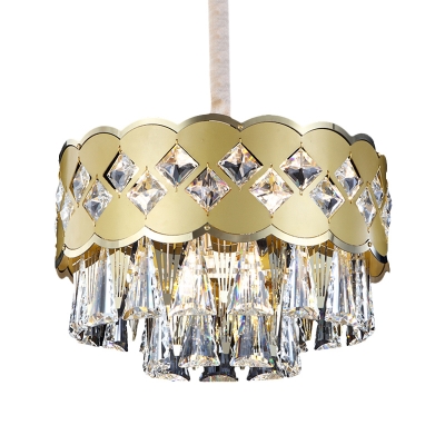 Gold Drum Suspension Light Postmodern Crystal Triangle 9-Bulb Bedroom Chandelier