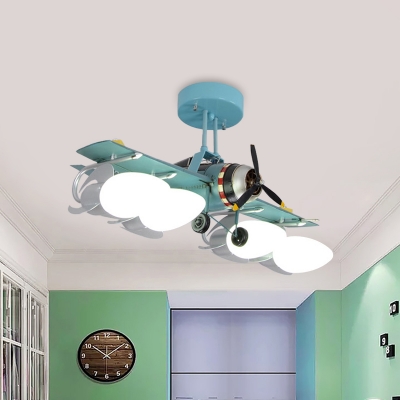 Green Aircraft Semi Flush Light Kid 4-Light Metal Ceiling Mount Chandelier with White Glass Shade