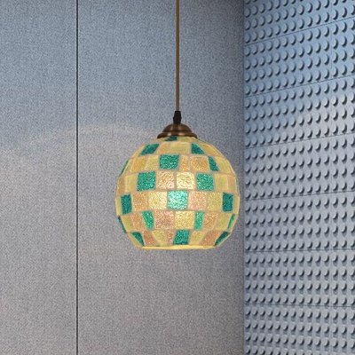 Green Cut Glass Hanging Pendant Globe 1-Light Tiffany Ceiling Light with Mosaic Pattern
