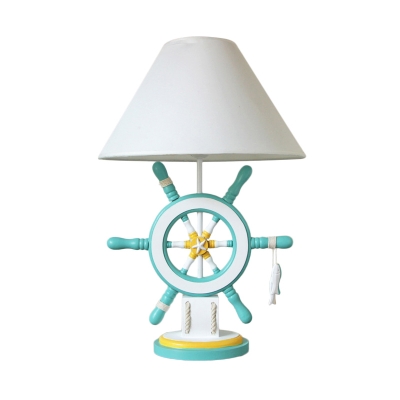 Green/Pink Ship Rudder Night Light Nautical 1-Light Wood Table Lighting with Wide Cone Fabric Lampshade