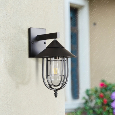 Guard Clear Glass Sconce Lamp Lodge 1 Head Outdoor Wall Mounted Light Fixture in Black/Bronze