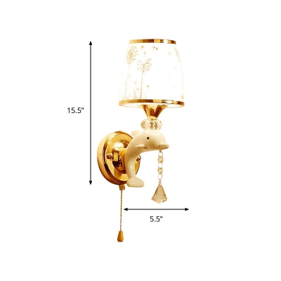 Hand Blown White Glass Bucket Sconce Cartoon 1/2-Bulb Wall Mount Light Fixture with Dandelion Pattern