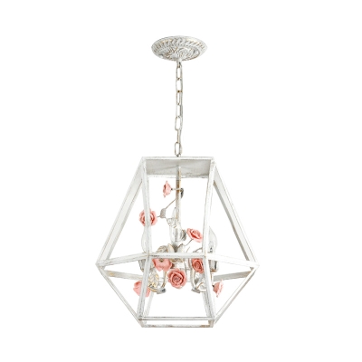Iron Diamond Cage Chandelier Light Korean Flower 3 Lights Cafe Pendant Lamp in Blue/White and Pink
