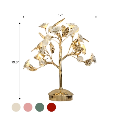 Iron Rose Night Lamp Pastoral 3 Lights Living Room Table Light with Crystal Orb in White/Red/Green