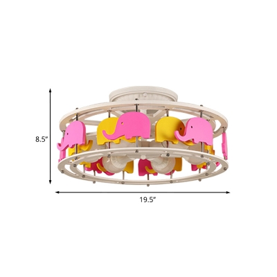 Kids 5 Lights Flush Mount Lighting Pink Elephant/Rudder/Sailboat Merry-Go-Round Ceiling Light with Wood Shade