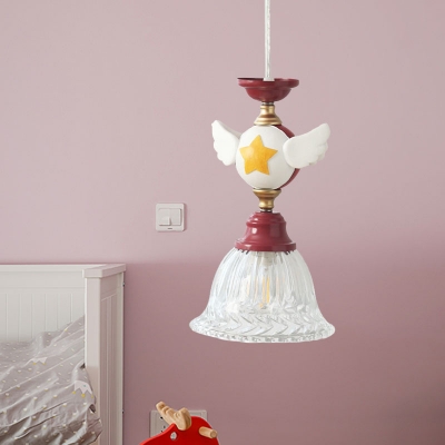 Kids Bell Clear Glass Drop Pendant 1-Bulb Hanging Ceiling Light with Bird/Globe Top in Red