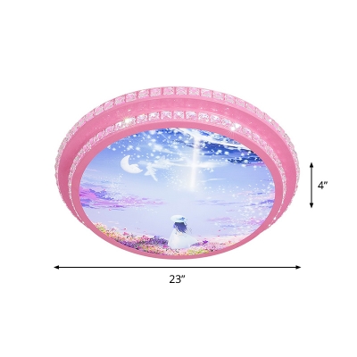 Kids Circular Flush Light Acrylic LED Bedroom Flush Mount in Pink with Sky Pattern and Crystal Accent