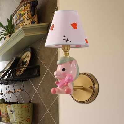 Kids Conical Fabric Wall Lamp Single Bulb Sconce Light Fixture with Cartoon Horse Arm in Pink/Blue