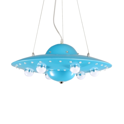 Kids Flying Saucer Hanging Light Metal Nursery LED Pendant Chandelier in Grey/Pink/Blue with White Glass Shade