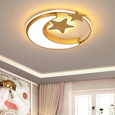 Kids Moon and Star Ceiling Flush Acrylic Bedroom LED Flush-Mount Light Fixture in Pink/Gold/Blue