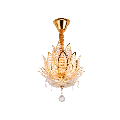 Lotus Shape Crystal Semi Flush Lamp Modernist 3 Lights Hallway Close to Ceiling Light in Gold
