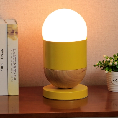 Macaron 1 Bulb Nightstand Light Yellow and Wood Splicing Capsule Table Lamp with Milk Glass Shade