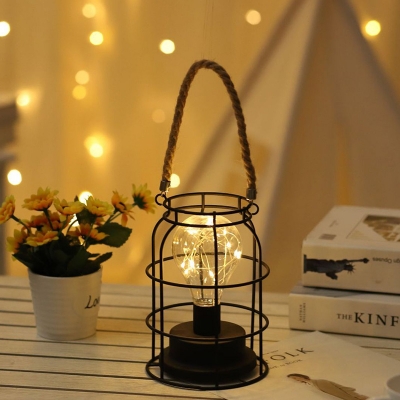 Modern Bottle Lantern Nightstand Lamp Iron Bedside USB/Battery LED Table Light in Black with Stranded Rope Handle