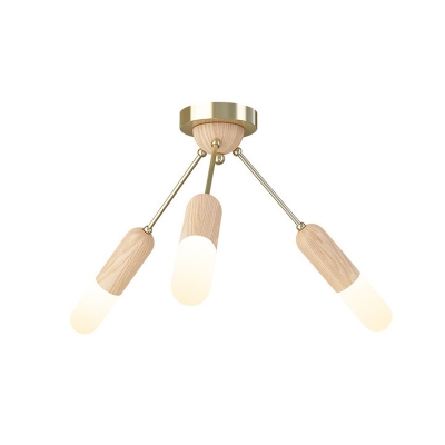 Nordic 3/5-Head Semi Flush Light Wood Sputnik Ceiling Mount Lamp with Acrylic Shade