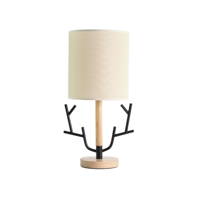 Nordic Barrel Shade Table Lamp Fabric 1 Bulb Bedroom Nightstand Light with Antler Ornament in Black-Wood