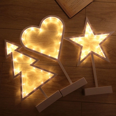 Nordic Style LED Night Stand Light White Star/Loving Heart/Christmas Tree Battery Table Lighting with Plastic Frame
