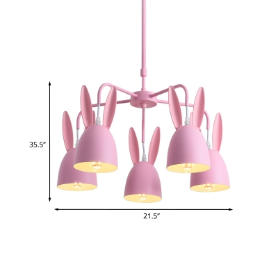Pink Bunny Head Chandelier Cartoon Style 5 Lights Iron Suspended Lighting Fixture