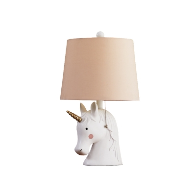 Pink Drum Desk Lamp Kids 1-Head Fabric Nightstand Lighting with Resin Unicorn Base