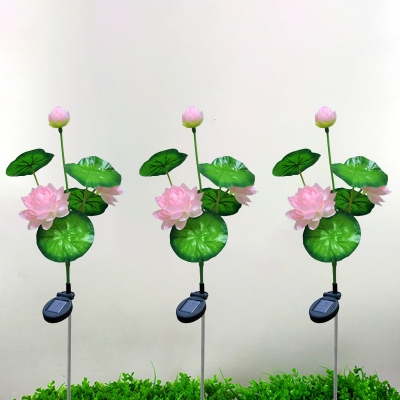 2-Pack Pink/White Lotus Solar Ground Lamp Modern 3-Bulb Fabric LED Stake Light Fixture for Yard