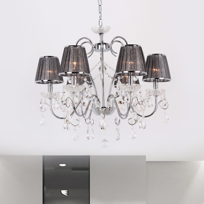 Pleated Fabric Grey Chandelier Conical 6-Light Contemporary Ceiling Pendant Lamp with Crystal Drop