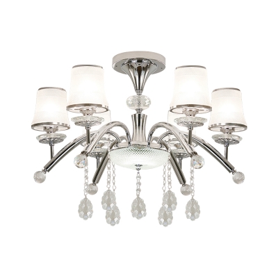 Polished Chrome 6-Head Flush Chandelier Lattice Glass Shaded Semi Mount Lighting with Crystal Droplet