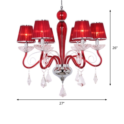 Red Cone Shade Chandelier Light Modern Pleated Fabric 6-Bulb Restaurant Pendant with Crystal Detail