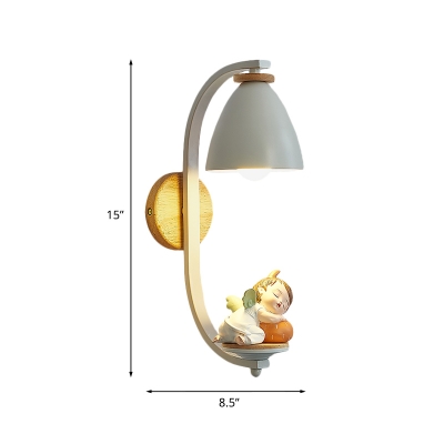 Resin Sleeping Girl/Boy Sconce Light Kid Single-Bulb White Wall Mount Fixture with Bell Lampshade