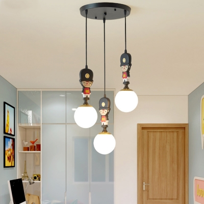Royal Troop Multi-Light Pendant Kids White Glass Orb 3 Bulbs Baby Room Suspension Lamp in Black