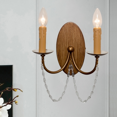 Rustic Flameless Candle Wall Light 2-Head Iron Sconce Lamp in Wood with Crystal Drape
