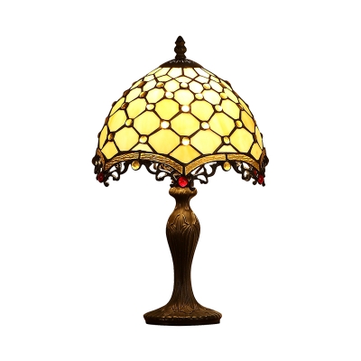 Scalloped Beige Glass Nightstand Light Mediterranean 1 Bulb Dark Brown Night Table Lamp with Jeweled Pattern