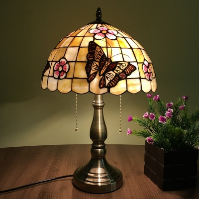 Shell Brushed Brass Pull Chain Table Lamp Lattice Bowl 2 Lights Victorian Butterfly and Petal Patterned Nightstand Lighting