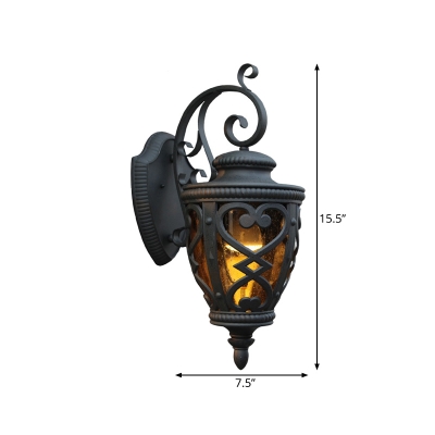 Single Bulb Amber Glass Sconce Light Retro Black Curving Courtyard Wall Mounted Lamp